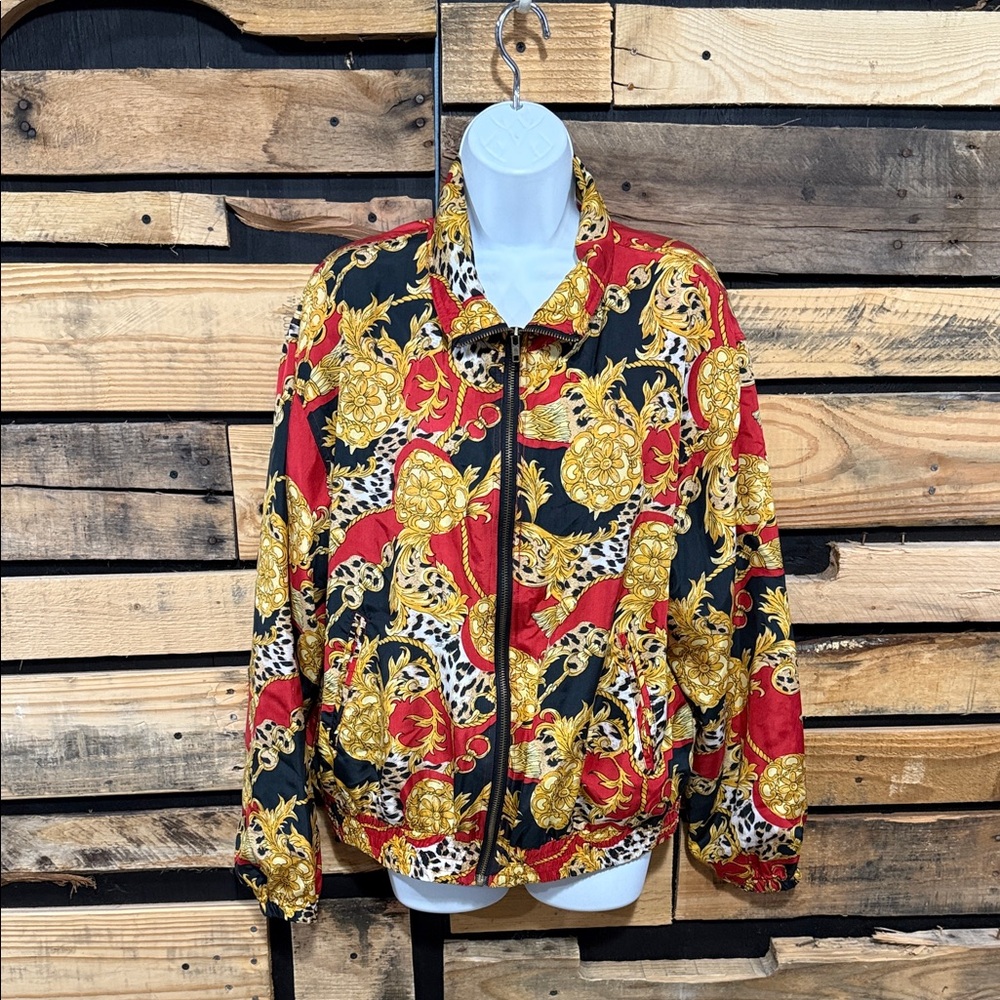 vintage EVR 100% silk bomber jacket with a baroque and leopard‎ print small